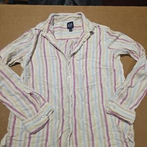 Gap Small Women Button Up Boyfriend Shirt Striped Linen Rayon Blue  Red Yellow